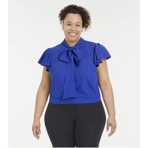 ELOQUII Womens Royal Blue Flutter Sleeve Sheer Tie Neck Blouse Plus Size 24